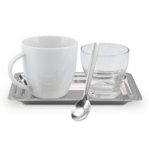 Espresso- / Kaffeeservice mit Kaffeetasse, Wasserglas, Löffel und  Silbertablet