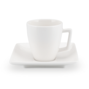 Weiße Porzellan Kaffeetasse mit Untertasse und Henkel