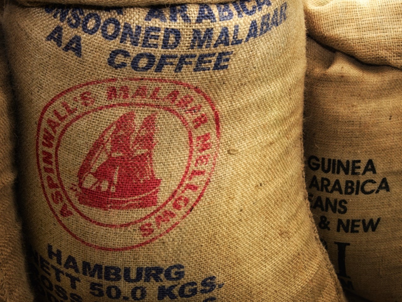 Monsooned Malabar Kaffeesack mit Aufschrift