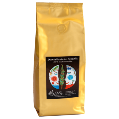 Kaffeebohnen aus der dominikanischen Republik in goldenem Beutel