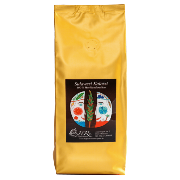 Sinlge Origin Kaffee Sulawesi Kalossi in goldenem Beutel, 100% Hochlandarabica - Cafe Peru