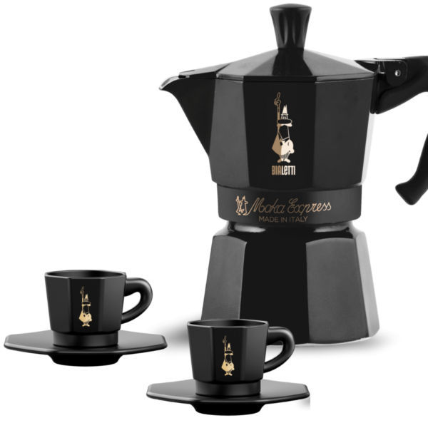 Bialetti Black Star Edition - schwarzer Espressokocher mit zwei schwarzen Espressotassen